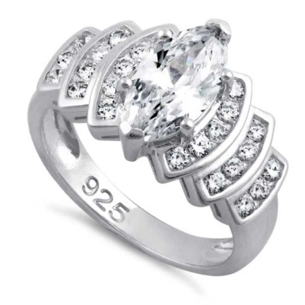 925 STERLING SILVER Marquise Cubic Zirconia Stair Step Tier Ring - Picture 14 of 16